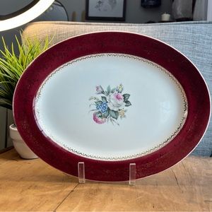 Tudor Rose Georgian China Oval Serving Platter. 23 Karat Gold Trim, Floral